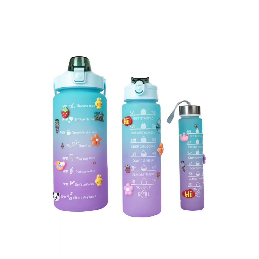 3lü Set Bpa Içermez Motivasyonel Mor Su Matarası 3d-2d Sticker Hediyeli