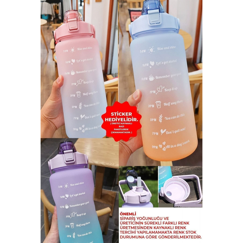Motivasyonel Su Matarası Su Şişesi Suluk 2 Litre Tritan Spor Salonu Bpa Içermez Mavi-turuncu