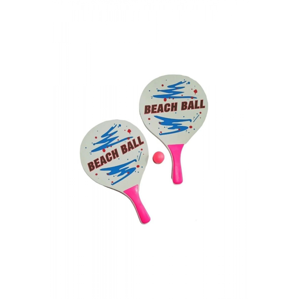 beach ball ahşap plaj tenis raketi ve kaliteli top fileli set (2 RAKET + 1 TOP)
