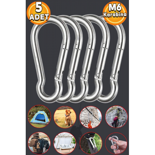 Karabina 6 Mm Yaylı Kanca Çelik Kilit Olta Dağcılık Kamp Malzemeleri Salıncak Anahtar Askı 5 Adet