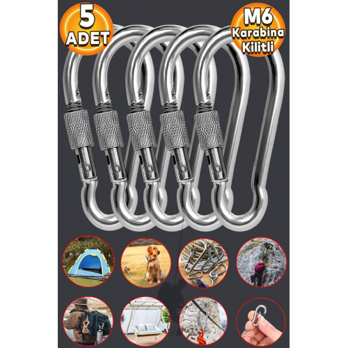 Karabina Kilitli 6 Mm Yaylı Kanca Çelik Kilit Tırmanma Olta Kamp Ekipmanları Hamak Askı 5 Adet