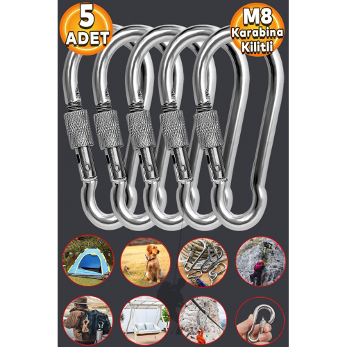 Karabina Kilitli 8 Mm Yaylı Kanca Çelik Kilit Tırmanma Olta Kamp Ekipmanları Hamak Askı 5 Adet