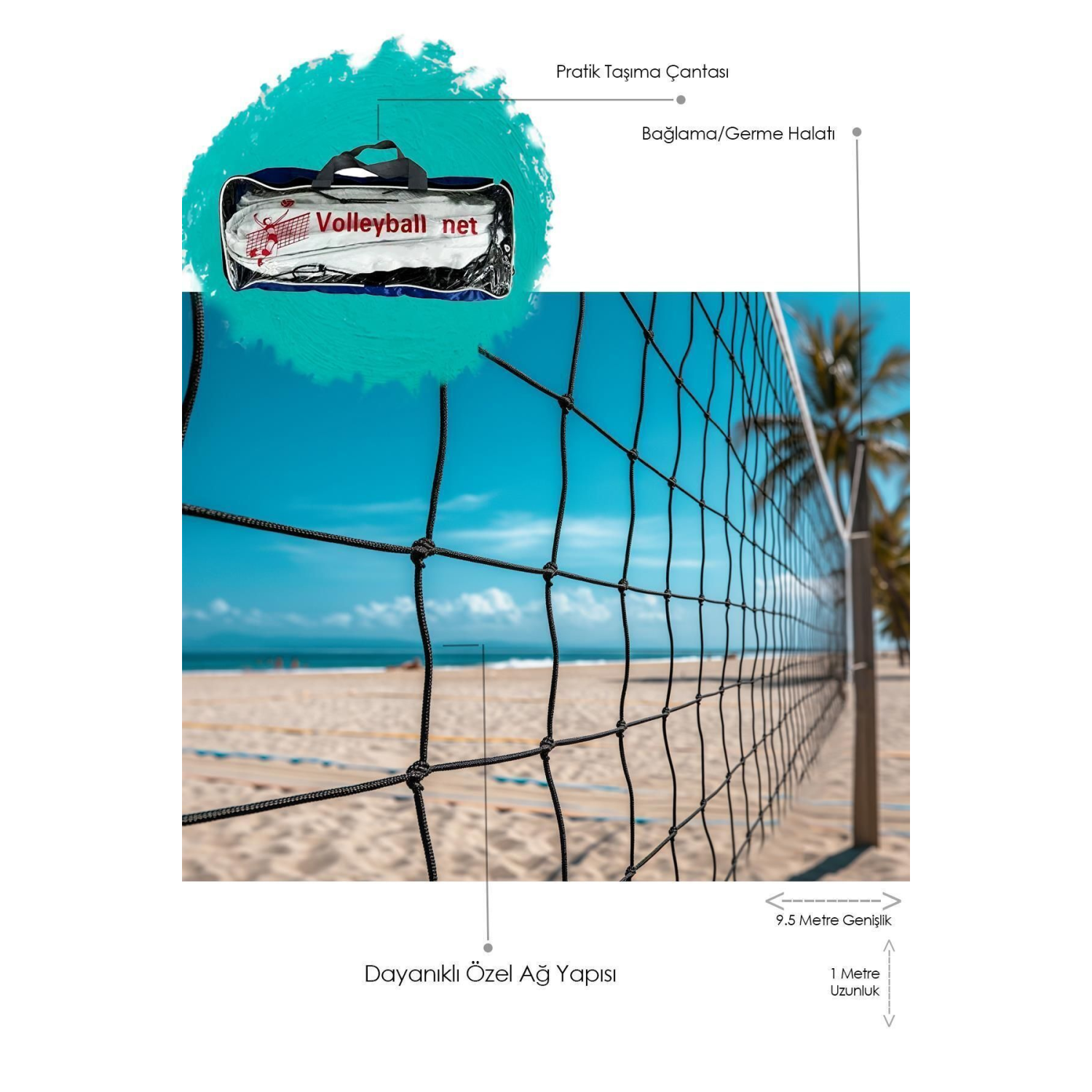 Premium çok kullanışlı 9.5 metre voleybol filesi pratik çantalı Beach&okul&sahil&otel Tipi Voleybol