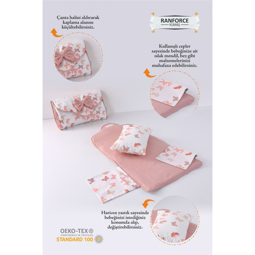 Alt Açma Minderi - Çantalı - Pudra Kelebek