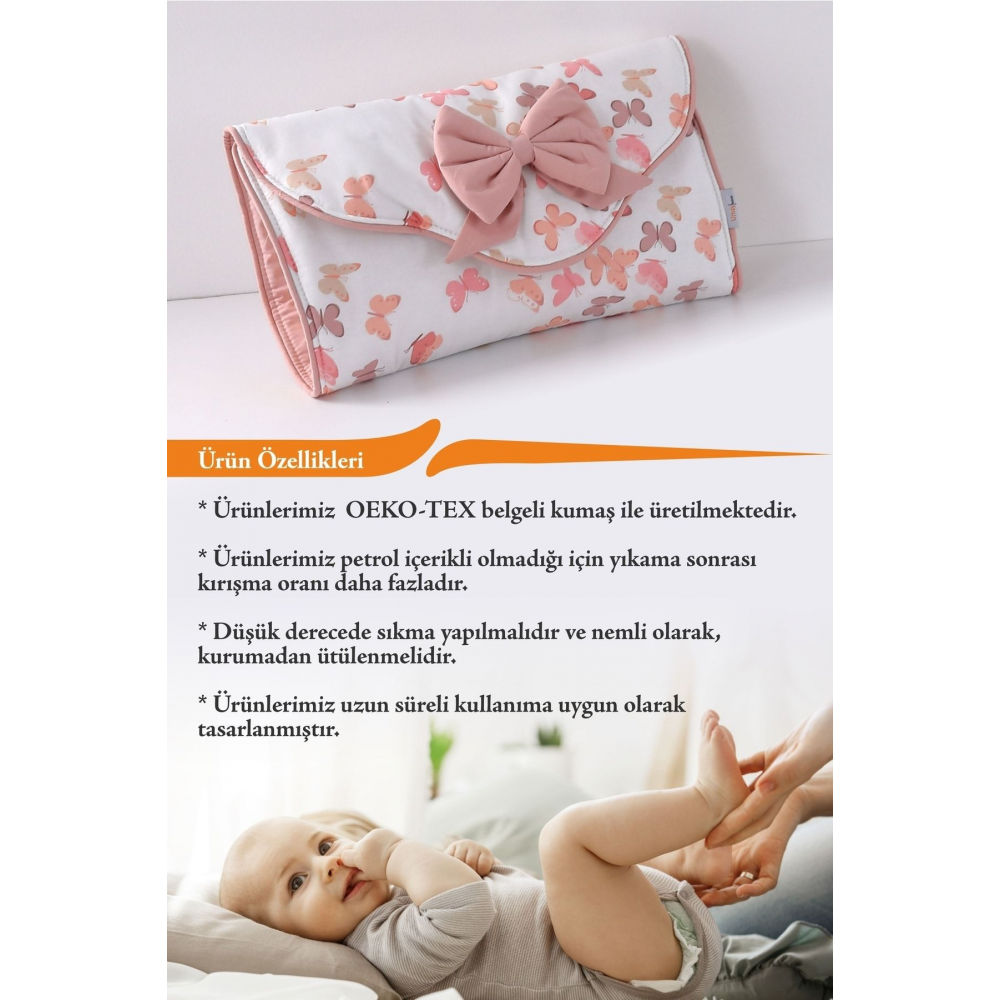 Alt Açma Minderi - Çantalı - Pudra Kelebek