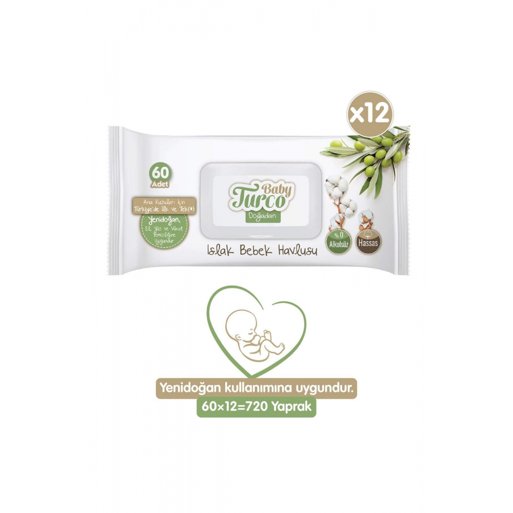 Doğadan Yenidoğan Islak Bebek Havlusu 12x60 Yaprak