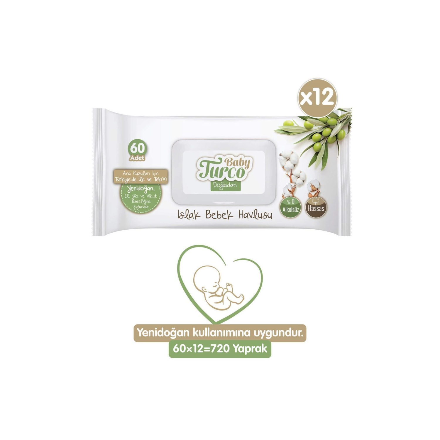 Doğadan Yenidoğan Islak Bebek Havlusu 12x60 Yaprak