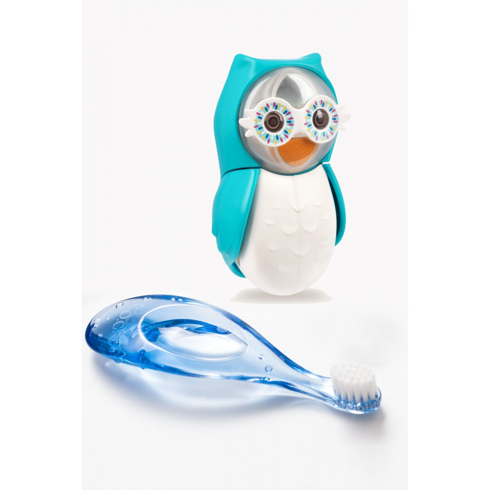 Baby 0-3 Yaş Diş Fırçası Ve Flipper Baykuş Hijyenik Saklama Kabı Seti - Mavi Baykuş Figürü