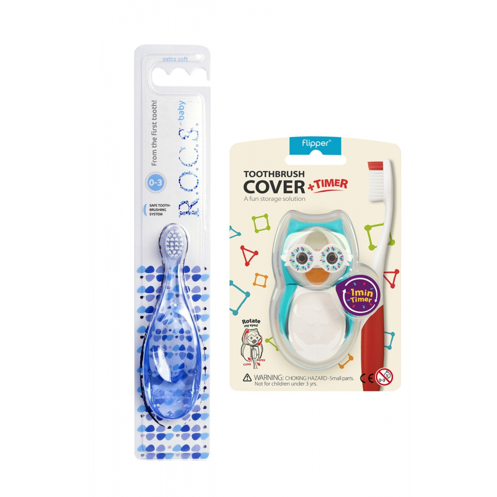 Baby 0-3 Yaş Diş Fırçası Ve Flipper Baykuş Hijyenik Saklama Kabı Seti - Mavi Baykuş Figürü