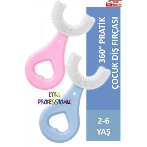U Şeklinde Ikili Set Pratik Çocuk Diş Fırçası 2-6 Yaş Pembe Mavi