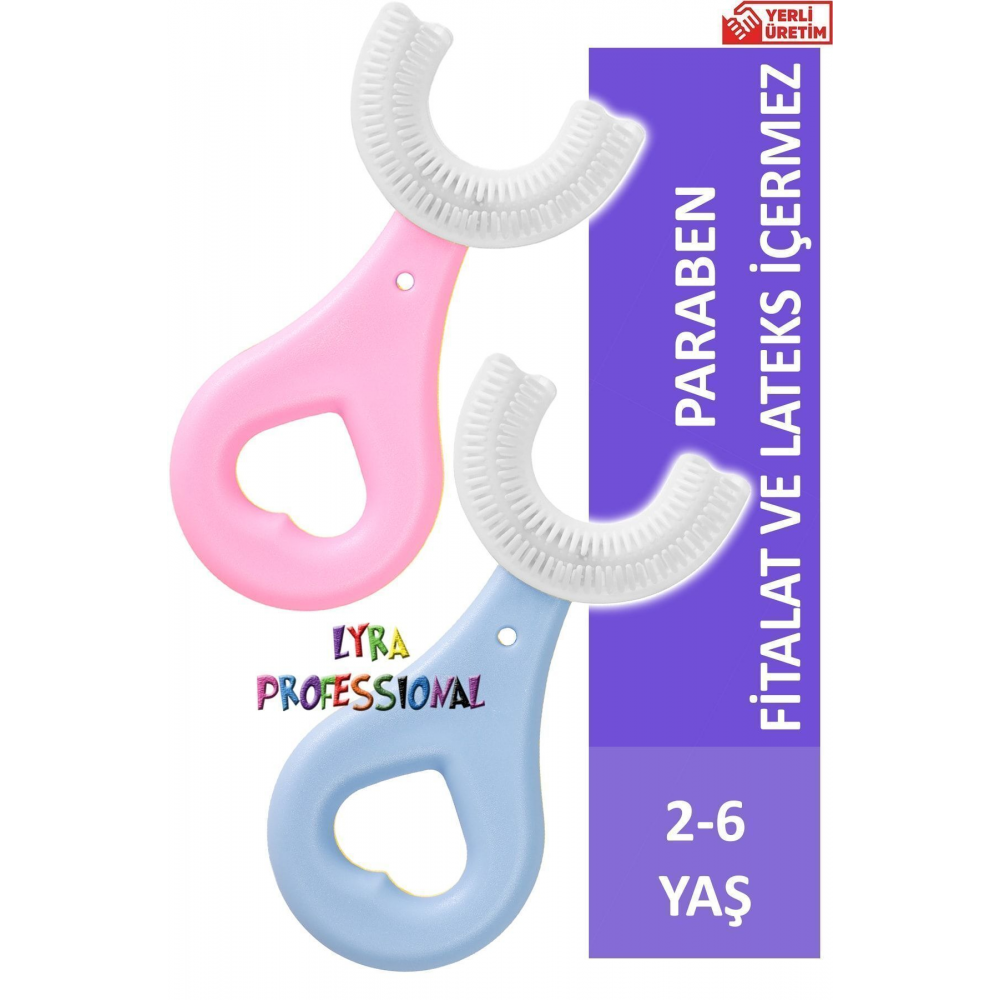 U Şeklinde Ikili Set Pratik Çocuk Diş Fırçası 2-6 Yaş Pembe Mavi