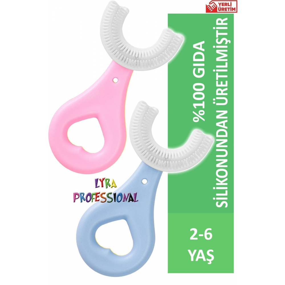 U Şeklinde Ikili Set Pratik Çocuk Diş Fırçası 2-6 Yaş Pembe Mavi