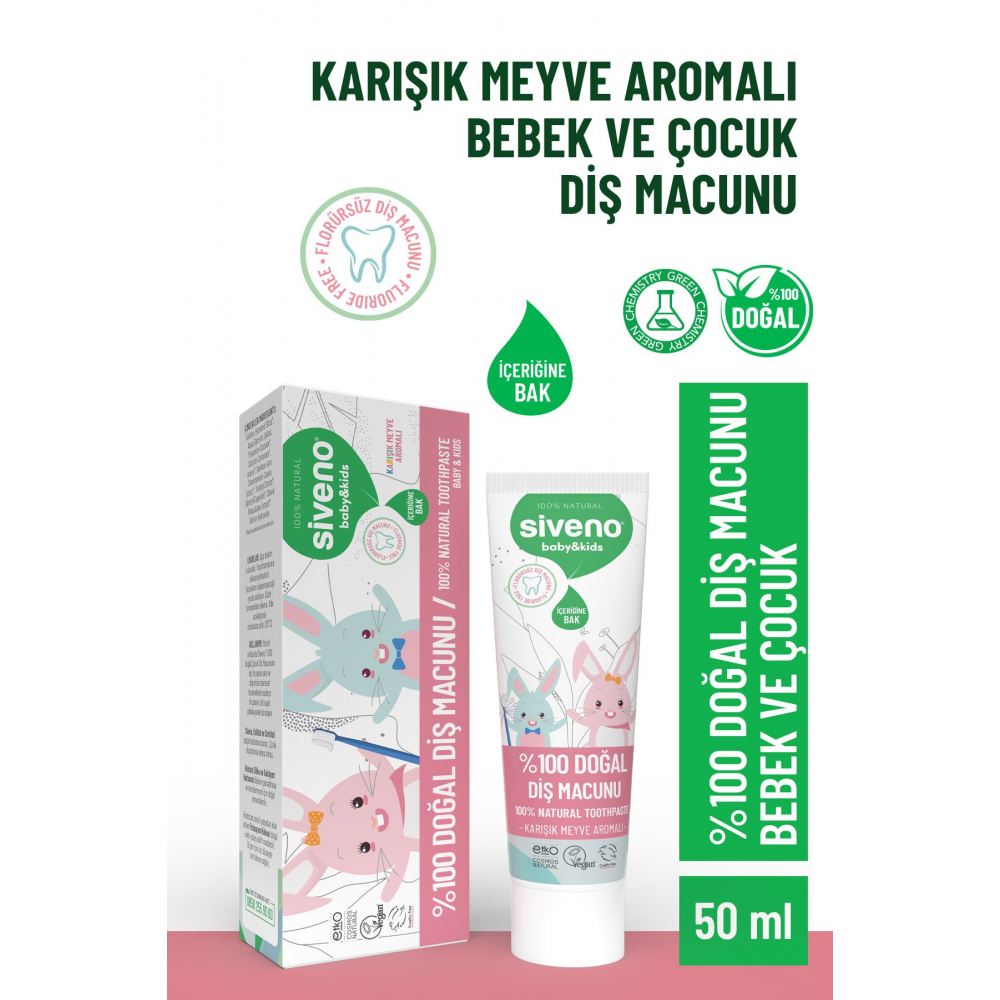 %100 Doğal Diş Macunu Bebek ve Çocuk İçin Karışık Meyve Aromalı Florürsüz 50 ml