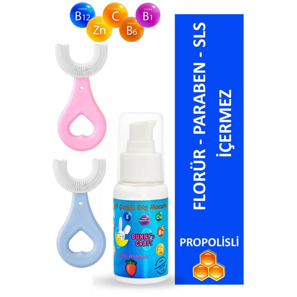 Multivitaminli Çilek Aromalı Çocuk Diş Macunu 50 ml Ve U Şeklinde Diş Fırçası Pembe Mavi