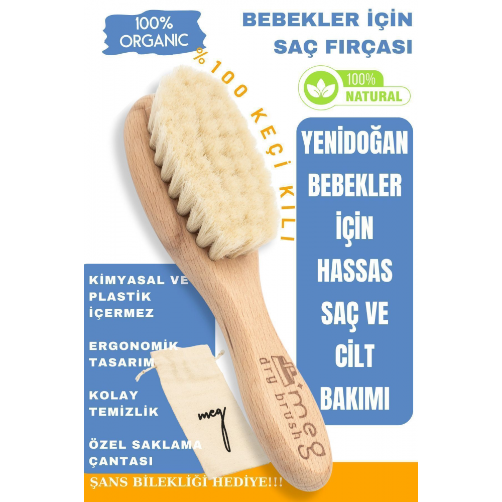 %100 Doğal Keçi Kılı Bebek Saç Fırçası Saklama Çantası Ve Bileklik Hediyeli