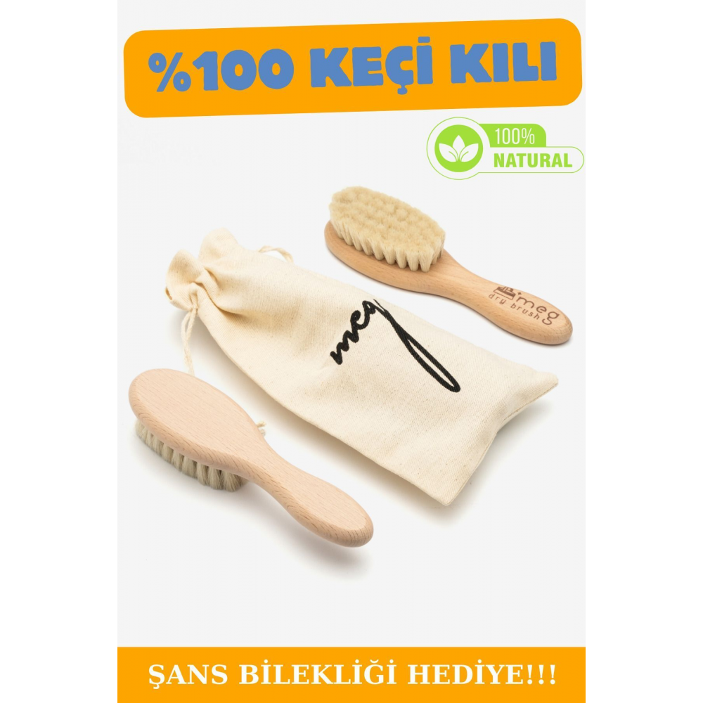 %100 Doğal Keçi Kılı Bebek Saç Fırçası Saklama Çantası Ve Bileklik Hediyeli