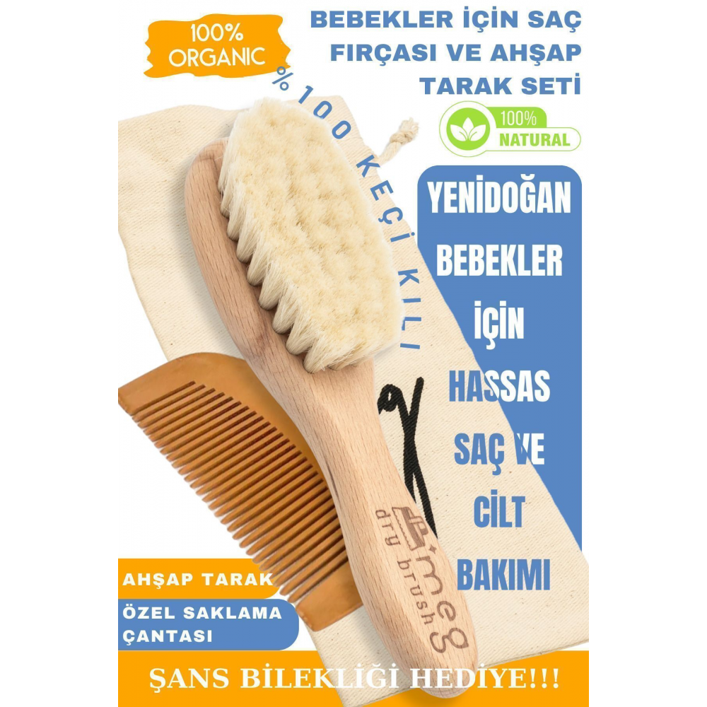 Bebeğiniz Için Doğal Ve Yumuşak Keçi Kılı Fırça Ve Ahşap Tarak Seti - Saklama Keseli Mini Boy