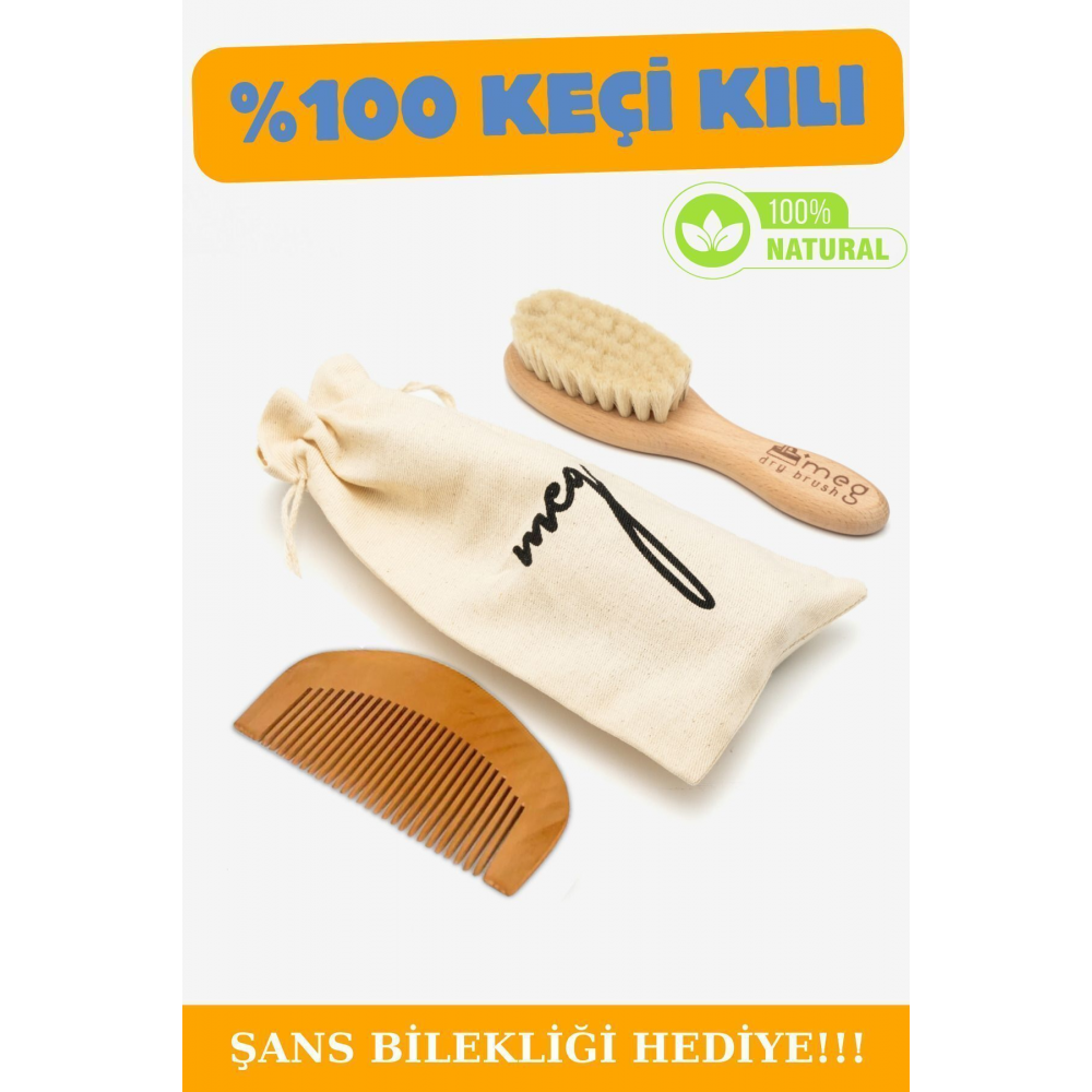 Bebeğiniz Için Doğal Ve Yumuşak Keçi Kılı Fırça Ve Ahşap Tarak Seti - Saklama Keseli Mini Boy
