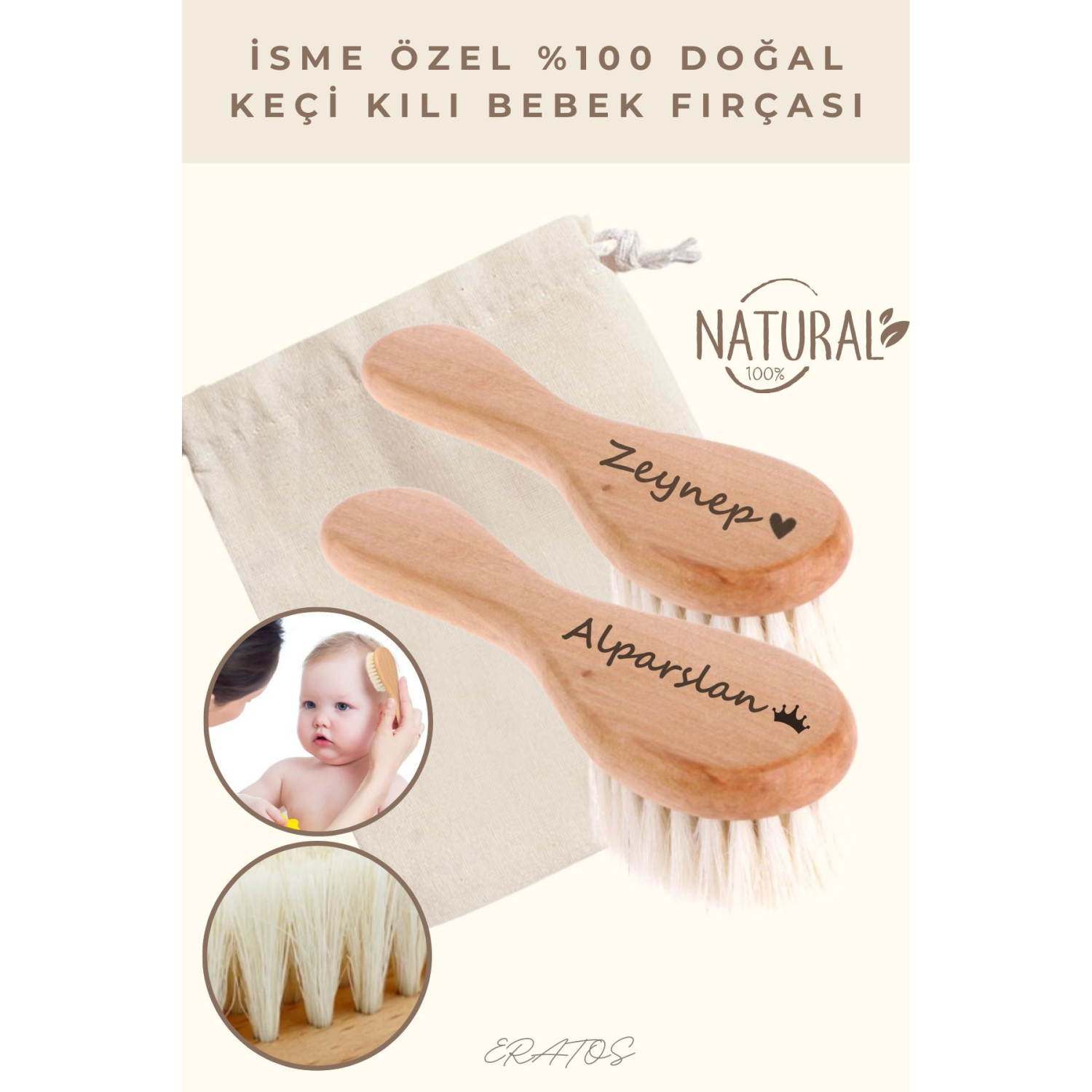 Bebeğinizin Ismine Özel(LAZER MARKALAMA) %100 Doğal Keçi Kılı Bebek Fırçası