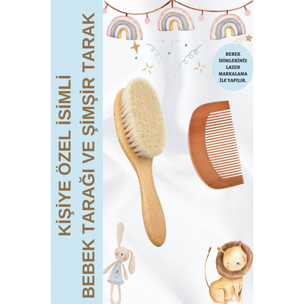 Bebek Tarağı Ve Şimşir Tarak 2'li Set -İsime Özel(LAZER MARKALAMA) Keçi Kılı Bebek Saç Fırçası Konak