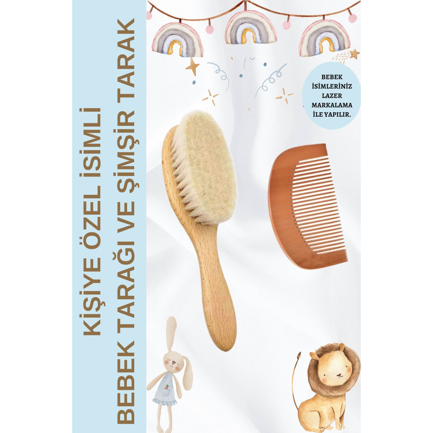 Bebek Tarağı Ve Şimşir Tarak 2'li Set -İsime Özel(LAZER MARKALAMA) Keçi Kılı Bebek Saç Fırçası Konak