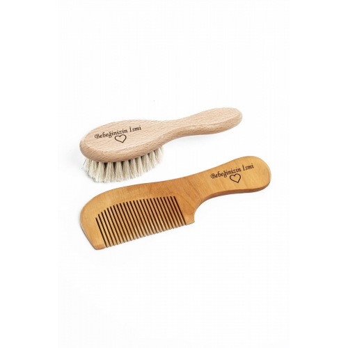 İsimli 2'li Set-bebek Fırçası & Saplı Ahşap Tarak (KESE VE ANAHTARLIK HEDİYE)