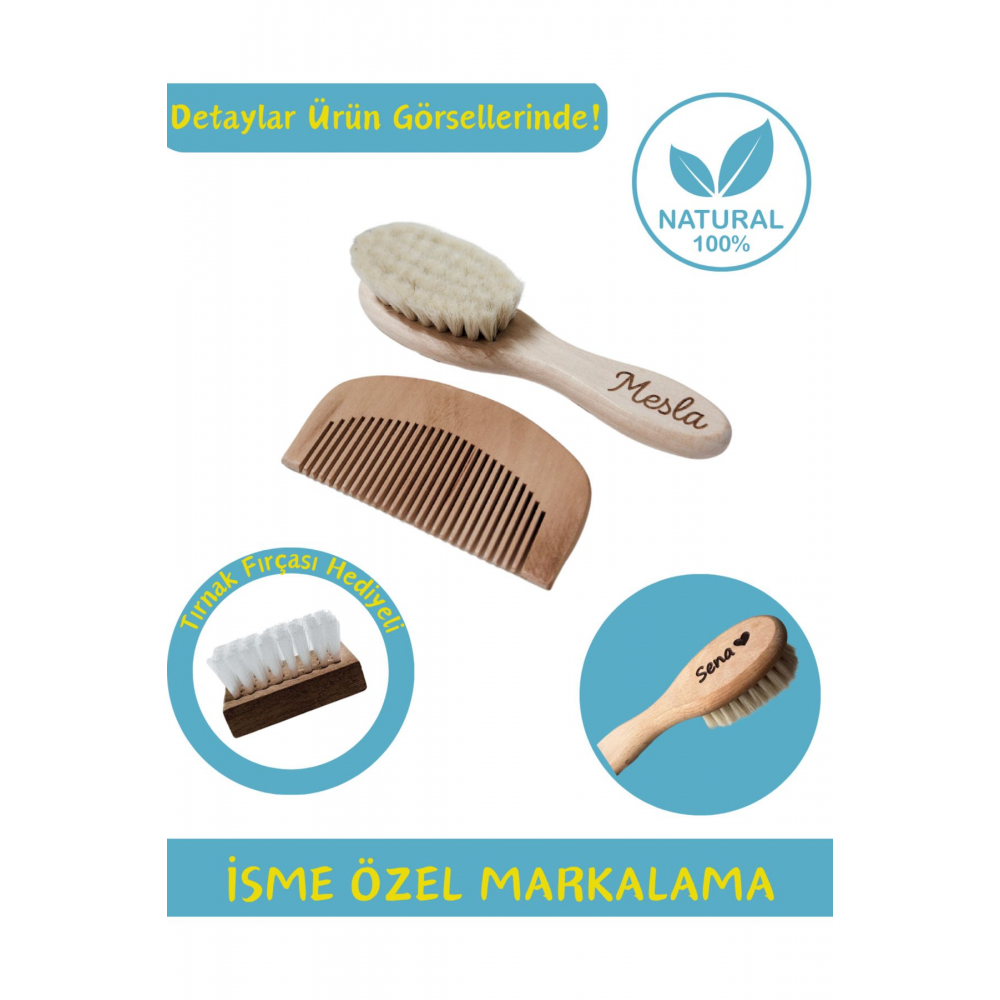İsme Özel Doğal Keçi Kılı Yumuşak Bebek Tarağı Ve Doğal Ahşap Tarak 2’li Set - Midi Boy