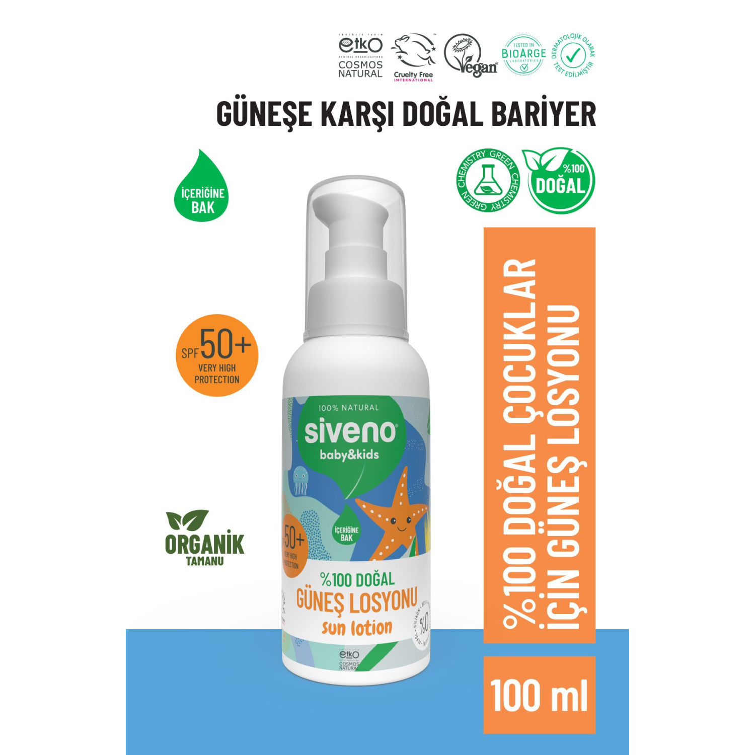 %100 Doğal Çocuk Güneş Losyonu- Leke Karşıtı Antioksidan Nemlendirici Bitkisel Vegan Uva Uvb 50spf