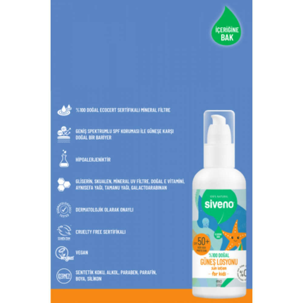 %100 Doğal Çocuk Güneş Losyonu- Leke Karşıtı Antioksidan Nemlendirici Bitkisel Vegan Uva Uvb 50spf