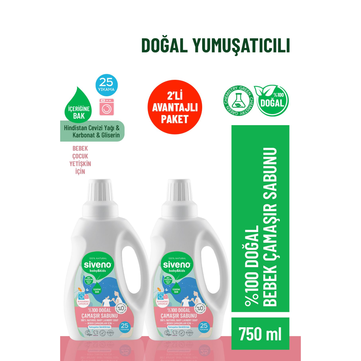 %100 Doğal Bebek Çamaşır Sabunu Kendinden Yumuşatıcılı Bitkisel Deterjan Konsantre 750 ml X 2 Adet
