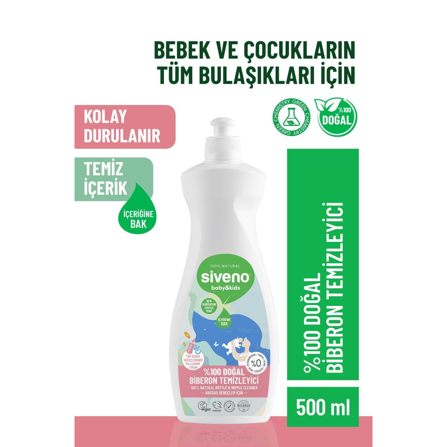 %100 Doğal Emzik Ve Biberon Temizleyicisi Bitkisel Elde Bulaşık Sabunu Nemlendirici Vegan 500 ml