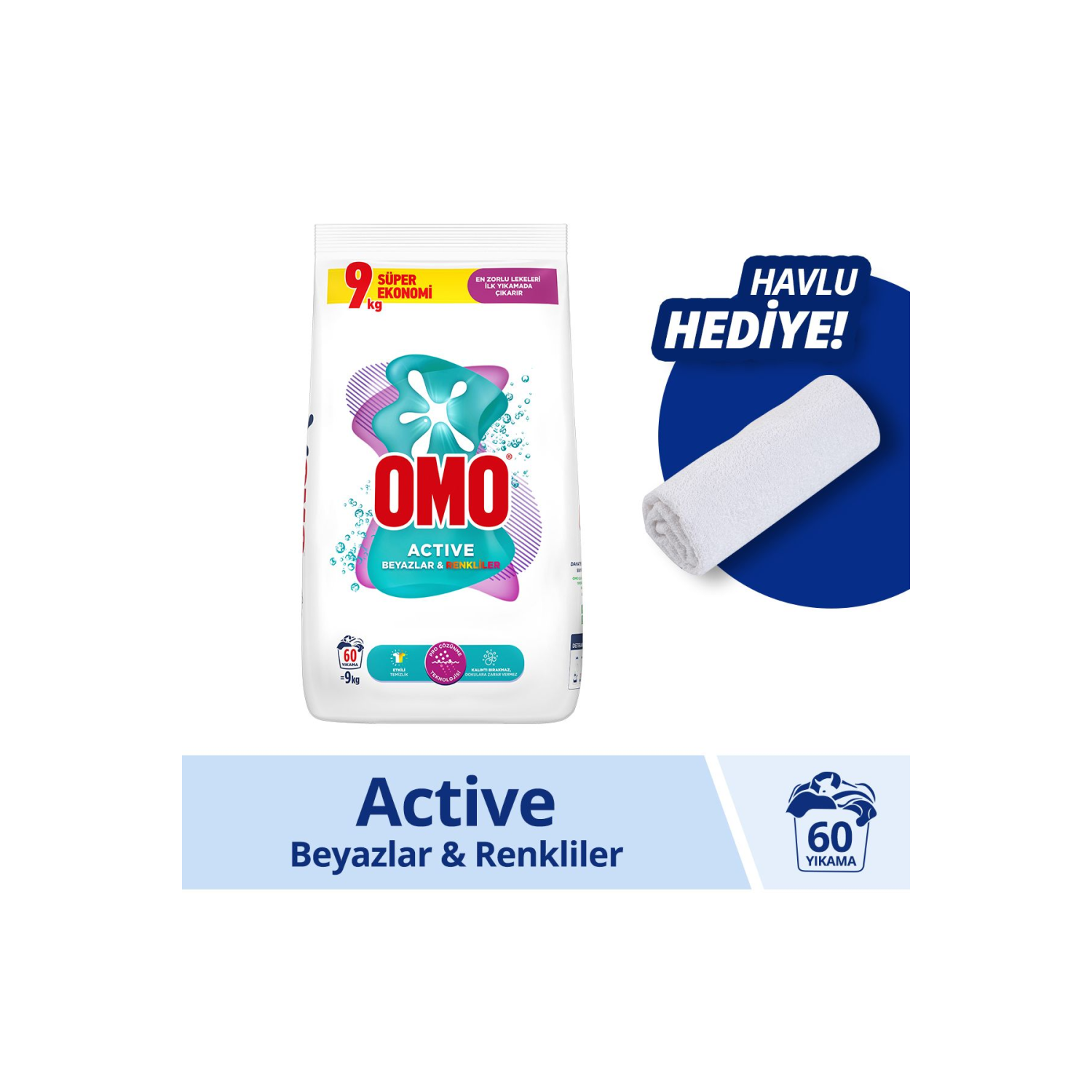Active Toz Çamaşır Deterjanı Beyazlar Ve Renkliler Leke Çıkarıcı 9 Kg X1 Havlu Hediye