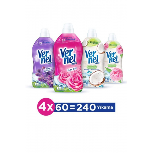 Max Konsantre Çamaşır Yumuşatıcısı 4 x 1440 ml (240 Yıkama) Gül + Lavanta + Hin. Cevizi +Şakayık