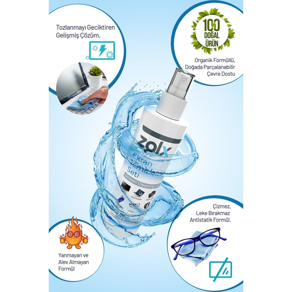 Ekran Temizleme Seti 250ml (MİKROFİBER BEZ HEDİYE) Led Tv, Bilgisayar, Notebook Temizleme