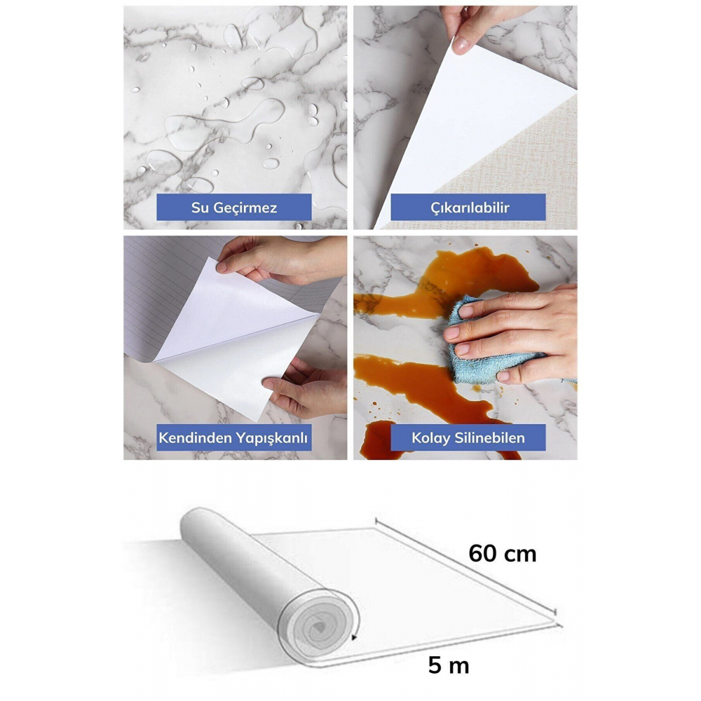 Mermer Desenli Mutfak Tezgah Üstü Fayans Kaplama Yapışkanlı Folyo 5 Metre