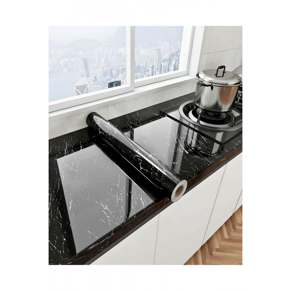 Siyah Mermer Desenli Yapışkanlı Folyo Dolap Masa Tezgah Kaplama Folyosu 1 Metre × 60 Cm