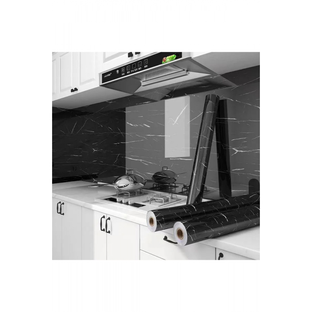 Siyah Mermer Desenli Yapışkanlı Folyo Dolap Masa Tezgah Kaplama Folyosu 1 Metre × 60 Cm