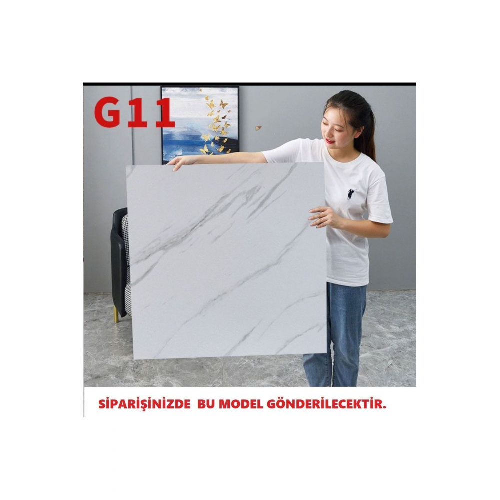 Yapışkanlı Mermer Desenli Kalın Pvc Yer Kaplama Panel Beyaz 60*60 Cm 4 Adet 1,44mt2