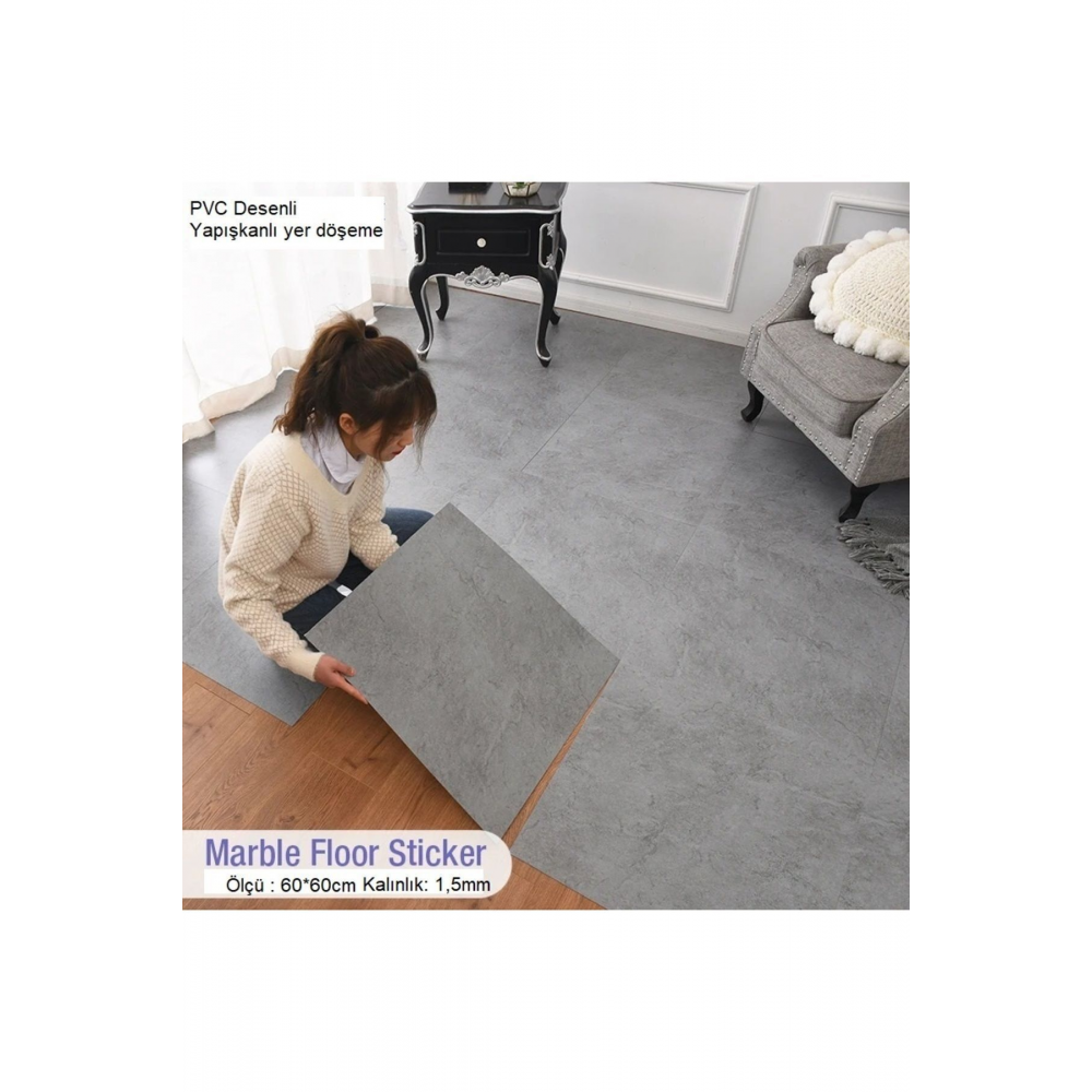 Yapışkanlı Mermer Desenli Kalın Pvc Yer Kaplama Panel Beyaz 60*60 Cm 4 Adet 1,44mt2