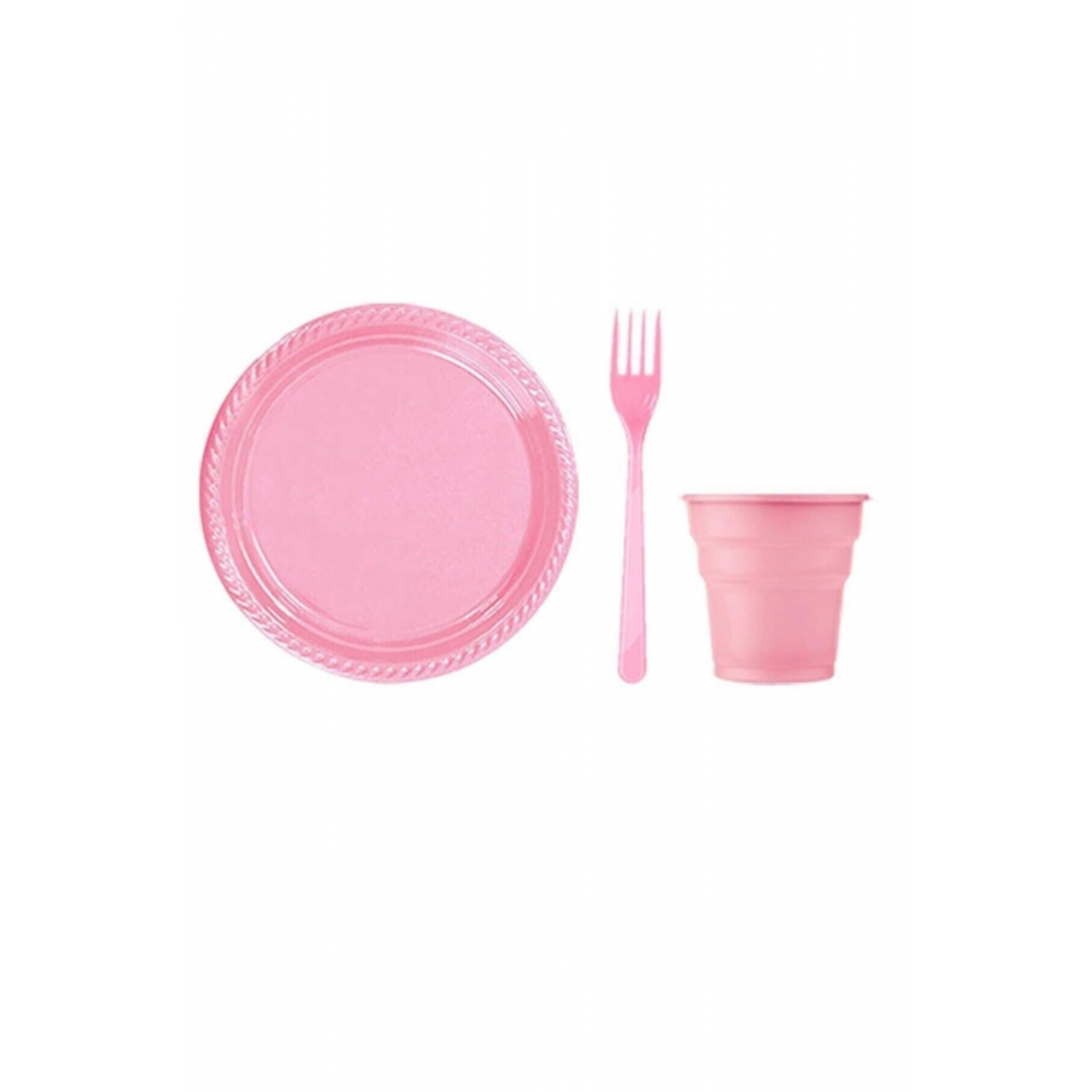 Plastik Tabak Bardak Çatal Set 25 Kişilik Pembe