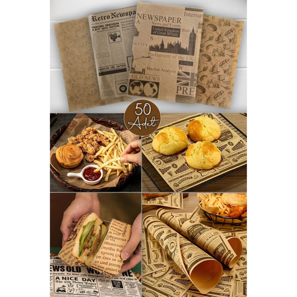 Kendinden Desenli Yağlı Kağıt | 50 Adet Vintage Gazete Desen Sunum Kağıdı | Karışık Desen