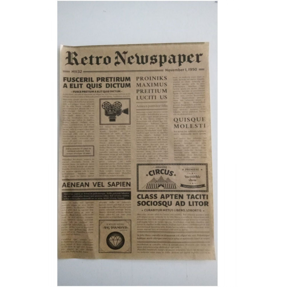 Kendinden Desenli Yağlı Kağıt | 50 Adet Vintage Gazete Desen Sunum Kağıdı | Karışık Desen