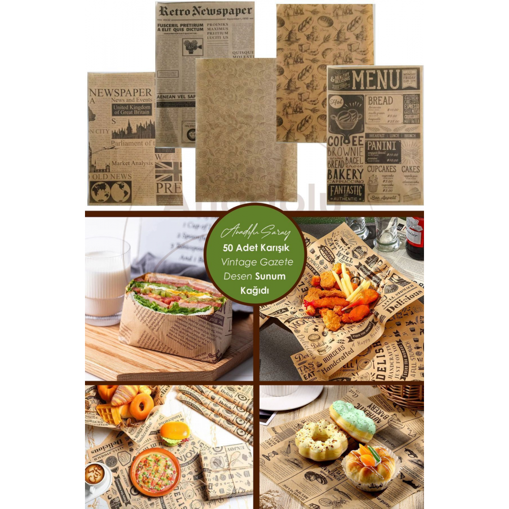 Kendinden Karışık Gazete Vintage Desenli Kağıt | 50 Adet Desenli Sunum Kağıdı | Vintage Yağlı Kağıdı