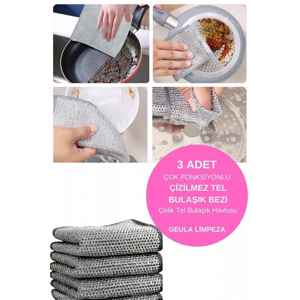 3 adet Çok Fonksiyonlu Çizilmez Tel Bulaşık Bezi Çelik Tel Bulaşık Havlusu Tel Bulaşık Bezi