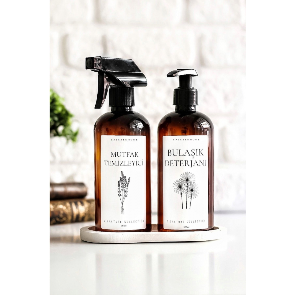 Beyaz Stantli Çiçekli Mutfak Temizleyici Ve Bulaşık Deterjanı Etiketli Plastik Şişe 500 Ml