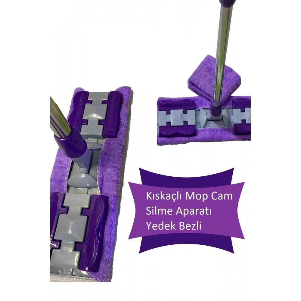Mor Mandallı / Kıskaçlı Istediğin Bezi Tak Yer Duvar Cam Silme Mopu (MİKROFİBER YEDEK BEZLİ)