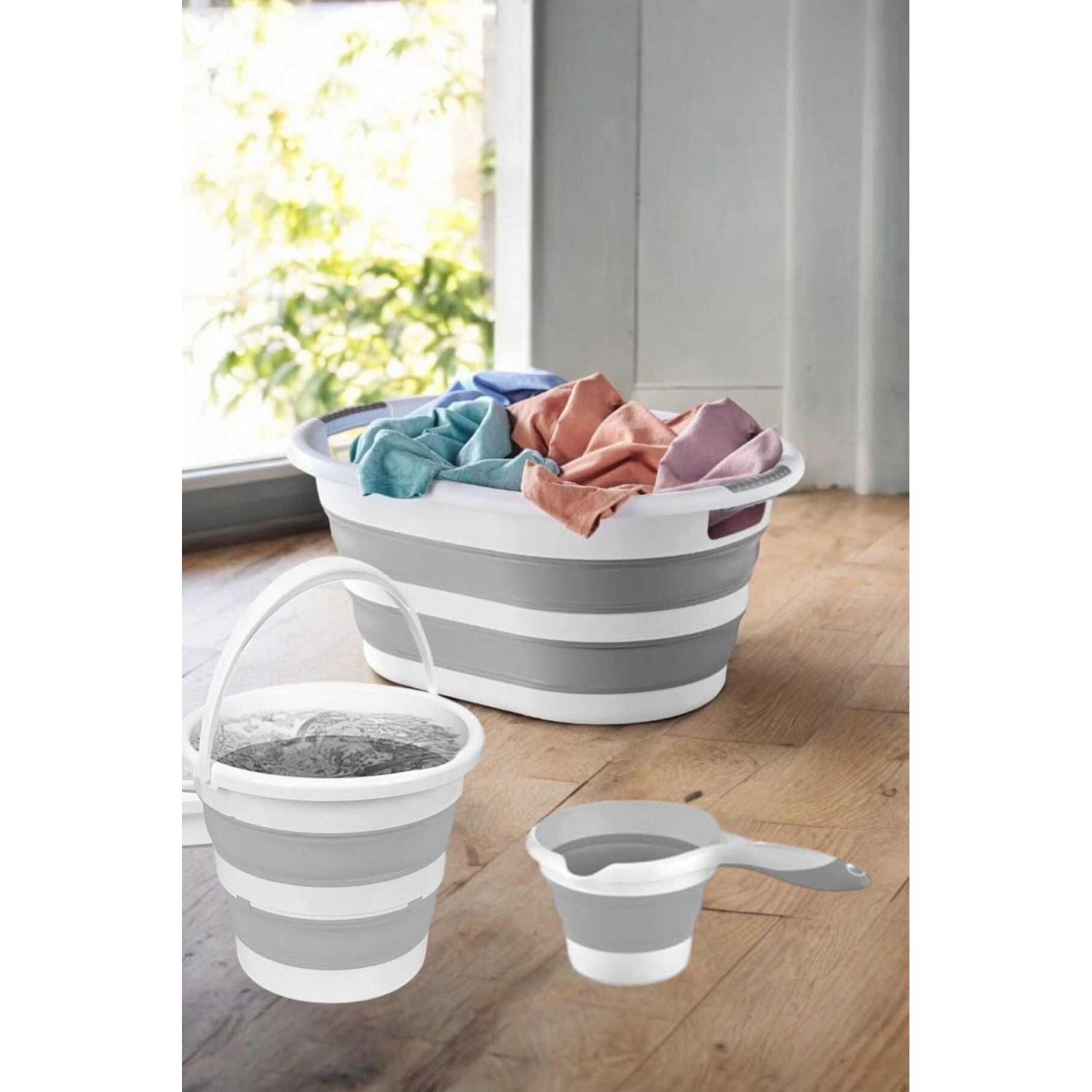 Mini Katlanır Set 3lü Set - Çamaşır Sepeti 25 Lt - Kova 6 Lt - Maşrapa 1 Lt