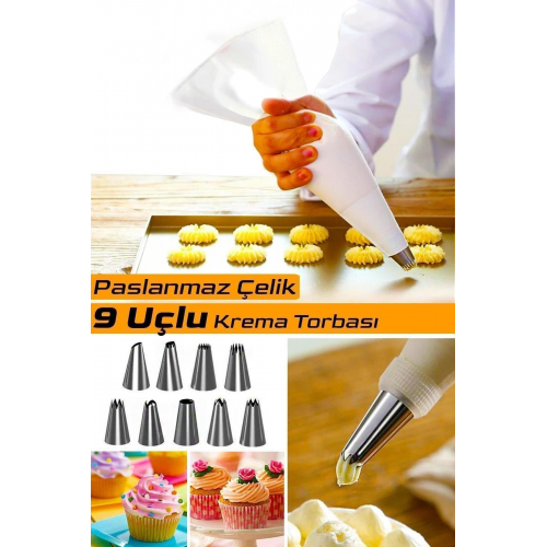 10 Parça Çelik Uçlu Krema Torbası Kek Pasta Süsleme Krema Sıkma Torbası Krema Poşet I