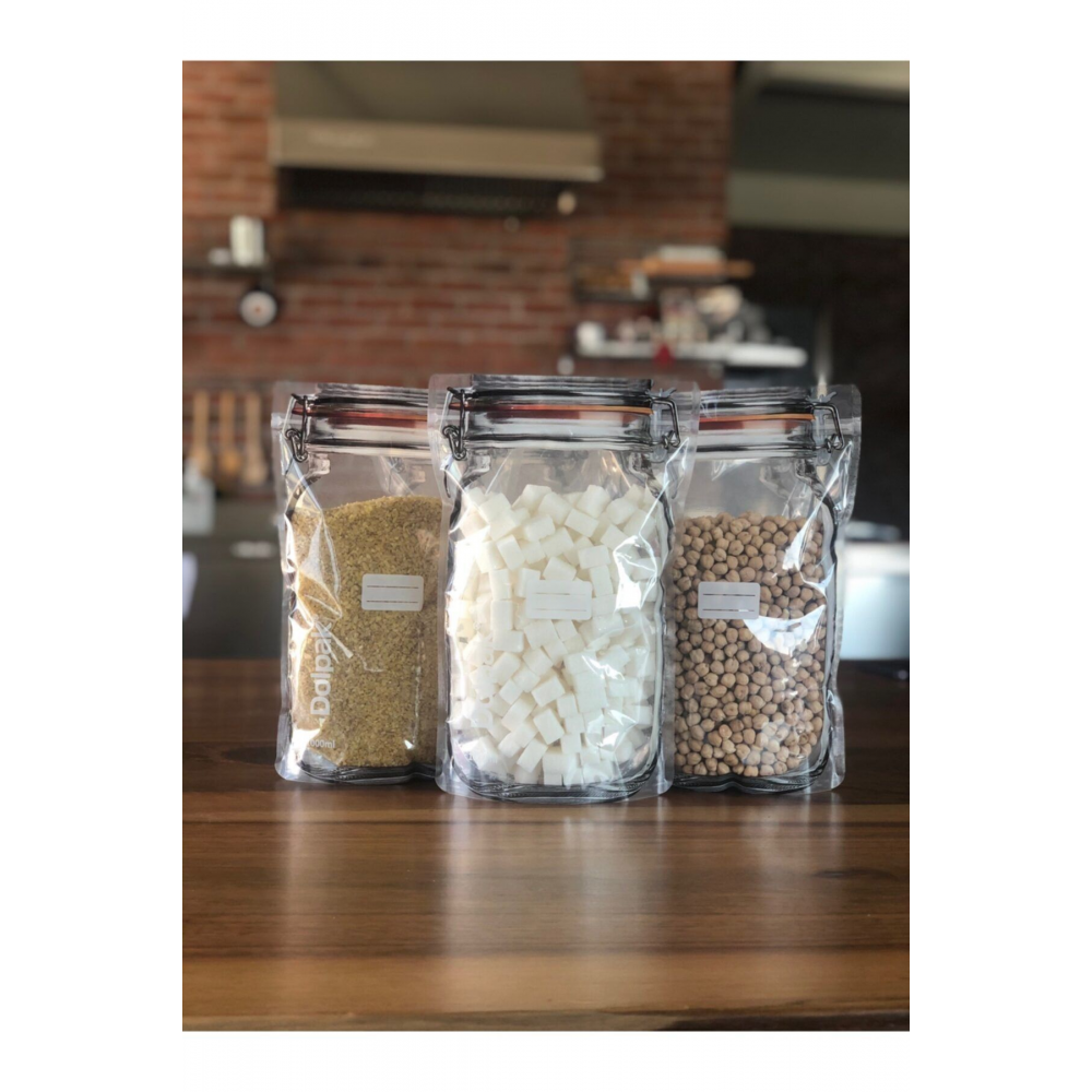 Büyük Boy Klips Kapaklı Kavanoz Görünümlü, Kilitli, Gıda Saklama Poşeti-10 Adet-1000 Ml