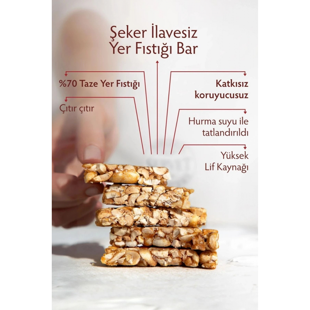 Şeker İlavesiz Yer Fıstığı Krokan Bar 480 gr 24 x 20 gr 24 lü Paket